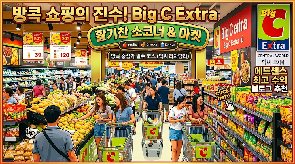 방콕 빅씨마트 라차담리점 내부의 화려하고 가득 찬 소스 및 과자 진열대 전경