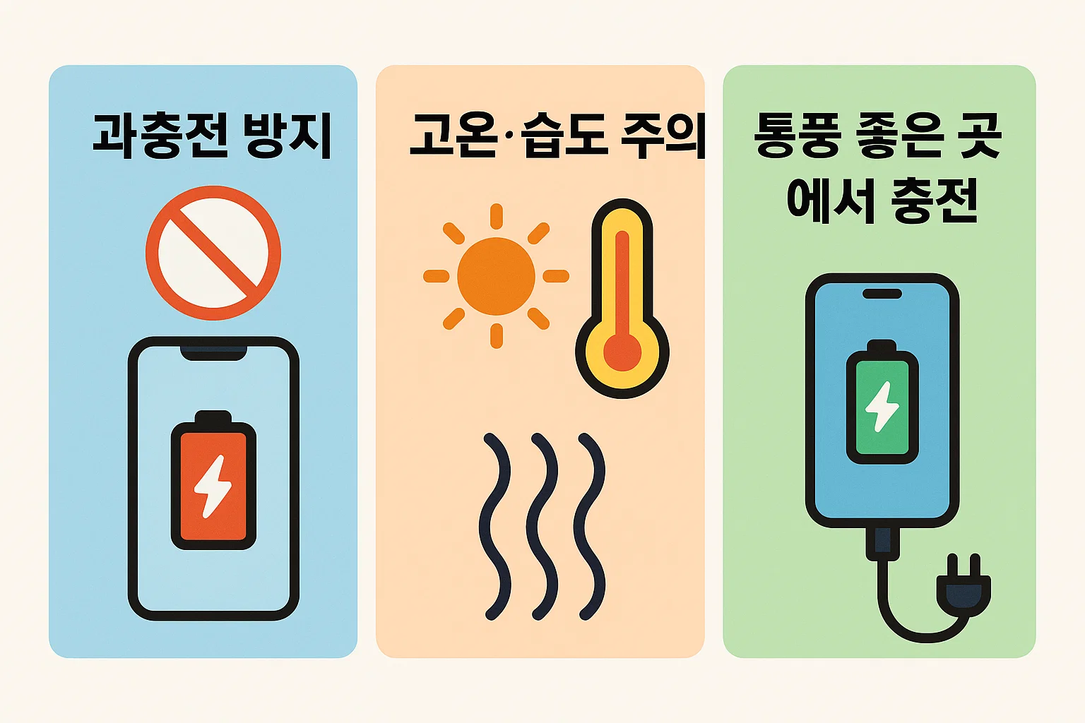 과충전 방지, 고온·습도 환경 피하기, 통풍 좋은 곳에서 충전 등 배터리 수명 단축을 막는 올바른 사용 습관을 정리한 인포그래픽입니다.