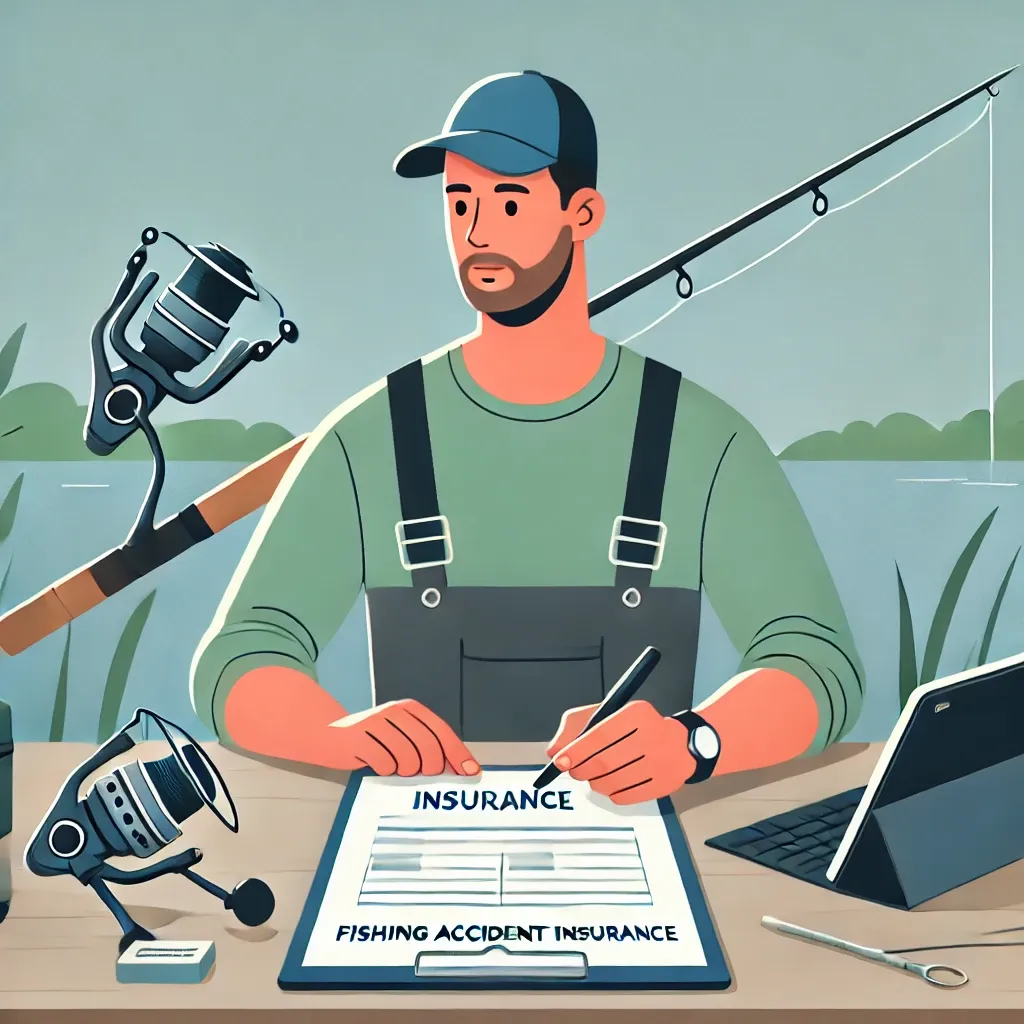 낚시꾼이 낚시 사고 보험을 가입하는 장면