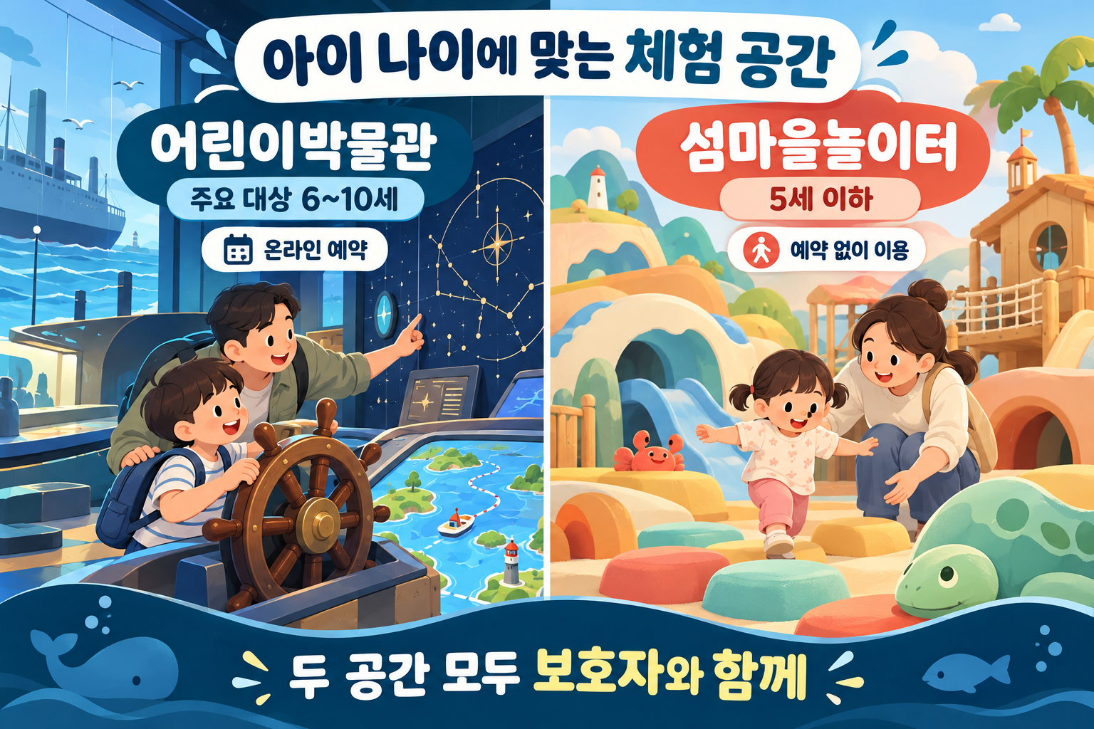 어린이박물관 주요 대상6~10세와 5세 이하 섬마을놀이터, 두 공간 모두 보호자 동행