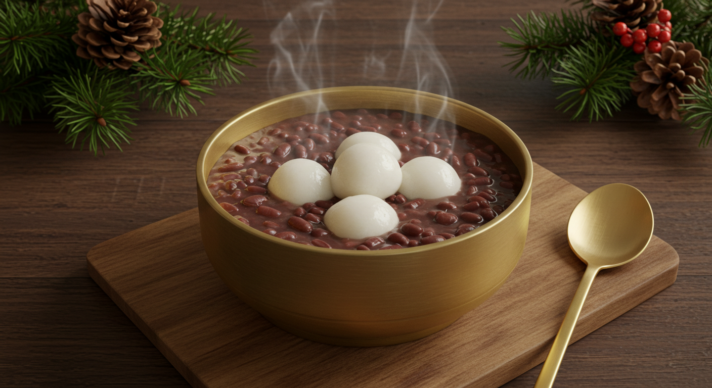 전통 그릇에 담긴 붉은 동지 팥죽과 작은 경단들이 놓여 있는 모습