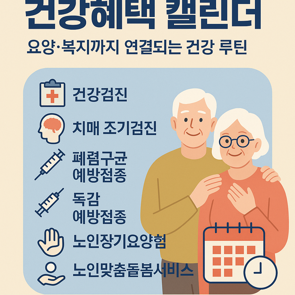 한국어로 된 70대 노인을 위한 건강 혜택 및 복지 정보 인포그래픽, 장기요양보험, 독감 예방접종, 복지 서비스 내용 포함