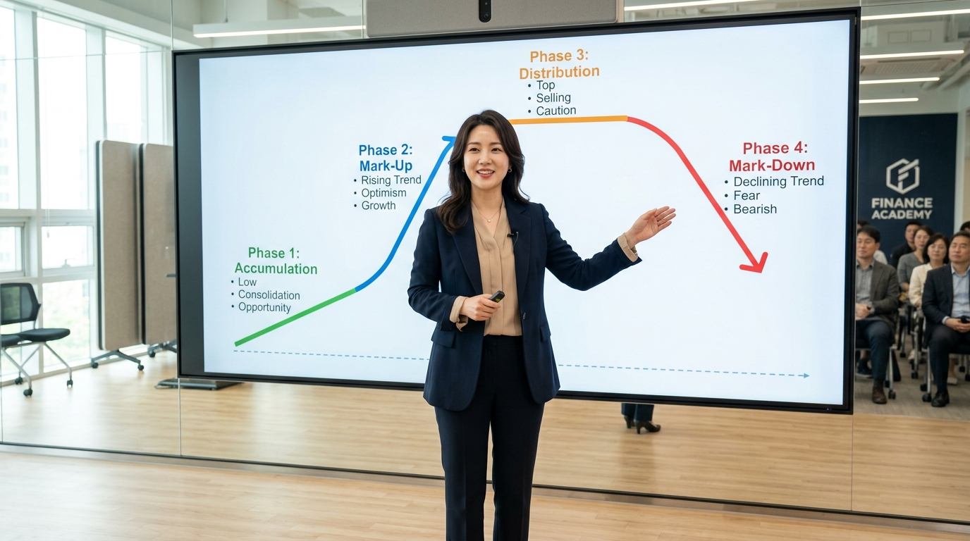 화이트보드에 시장 사이클의 4단계가 파동 패턴을 프레젠테이션하는 교육자