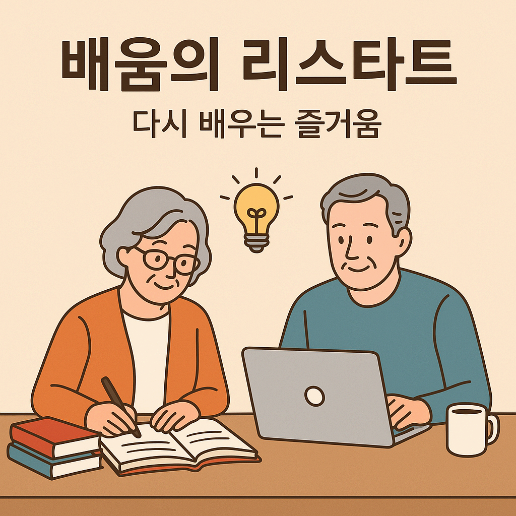 책상 앞에 앉은 할아버지는 노트북을 웃으며 보고 있고, 그 옆에 앉은 할머니는 함께 노트북을 쳐다보며 노트에 필기를 하고 있는 이미지로 배움에 나이는 없다는 의미로 연결