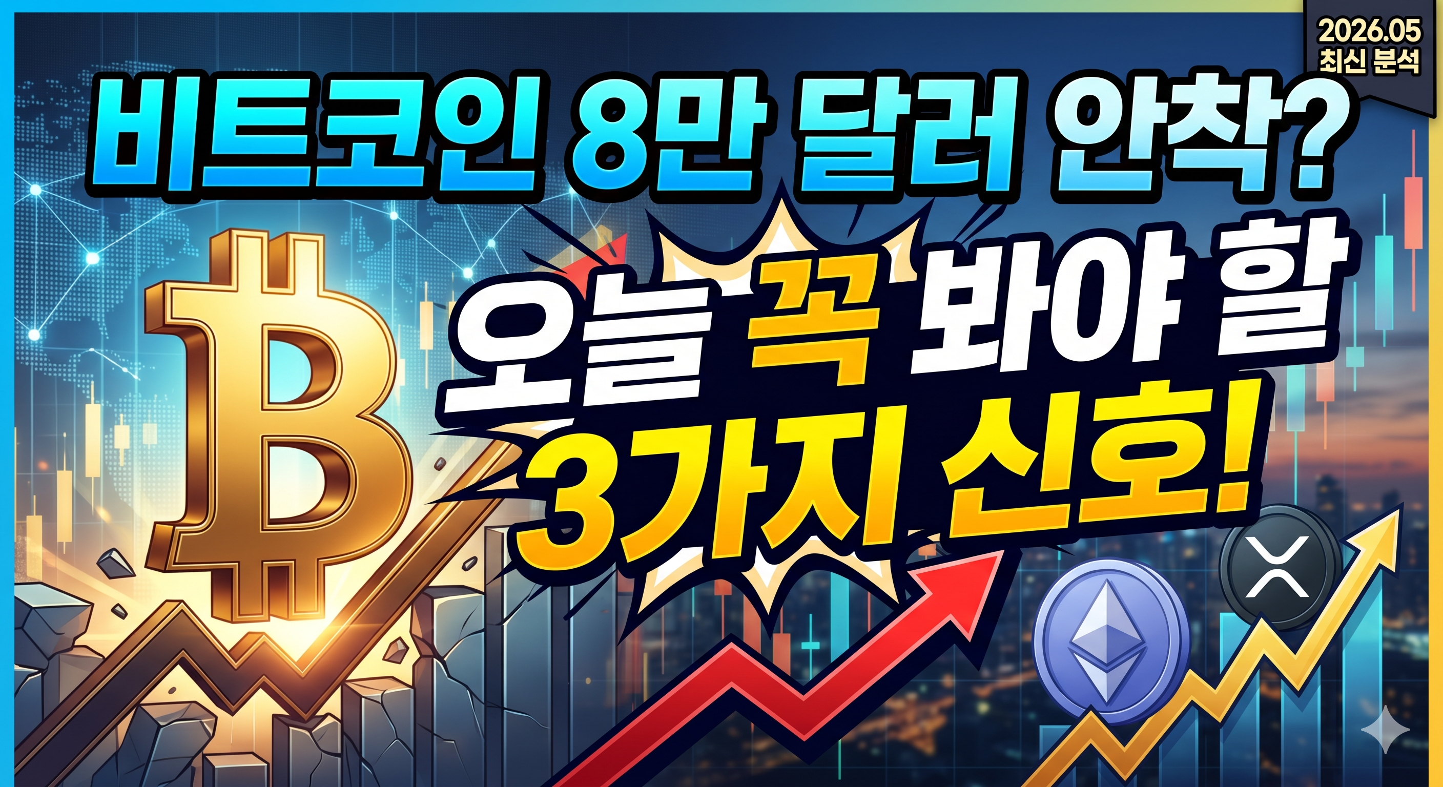 2026년 5월 비트코인 시장 분석을 나타내는 유튜브 썸네일 이미지입니다. 배경은 상승하는 파란색 캔들스틱 차트와 디지털 네트워크로 구성되어 있습니다. 좌측에는 거대한 황금색 비트코인(BTC) 심볼이 강력하게 상승하며 흰색 저항벽을 깨뜨리는 그래픽이 있습니다. 중앙 상단에는 굵은 흰색과 파란색 고딕 테두리로 감싸진 한글 텍스트로 '비트코인 8만 달러 안착?'이 쓰여 있으며, 그 바로 아래 중앙에는 더 크고 노란색으로 강조된 한글 텍스트로 '오늘 꼭 봐야 할 3가지 신호!'가 폭발 효과와 함께 배치되어 있습니다. 우측 하단에는 상승하는 빨간색 화살표와 함께 이더리움(ETH) 및 리플(XRP) 심볼이 위치하여 알트코인의 동반 상승을 시각화합니다. 상단 우측 코너에는 소형 뱃지로 '2026.05 최신 분석'이라는 한글이 쓰여 있습니다. 이미지 전체는 신뢰와urgence를 나타내는 파란색, 노란색, 황금색의 강력한 대비로 구성되어 있습니다.