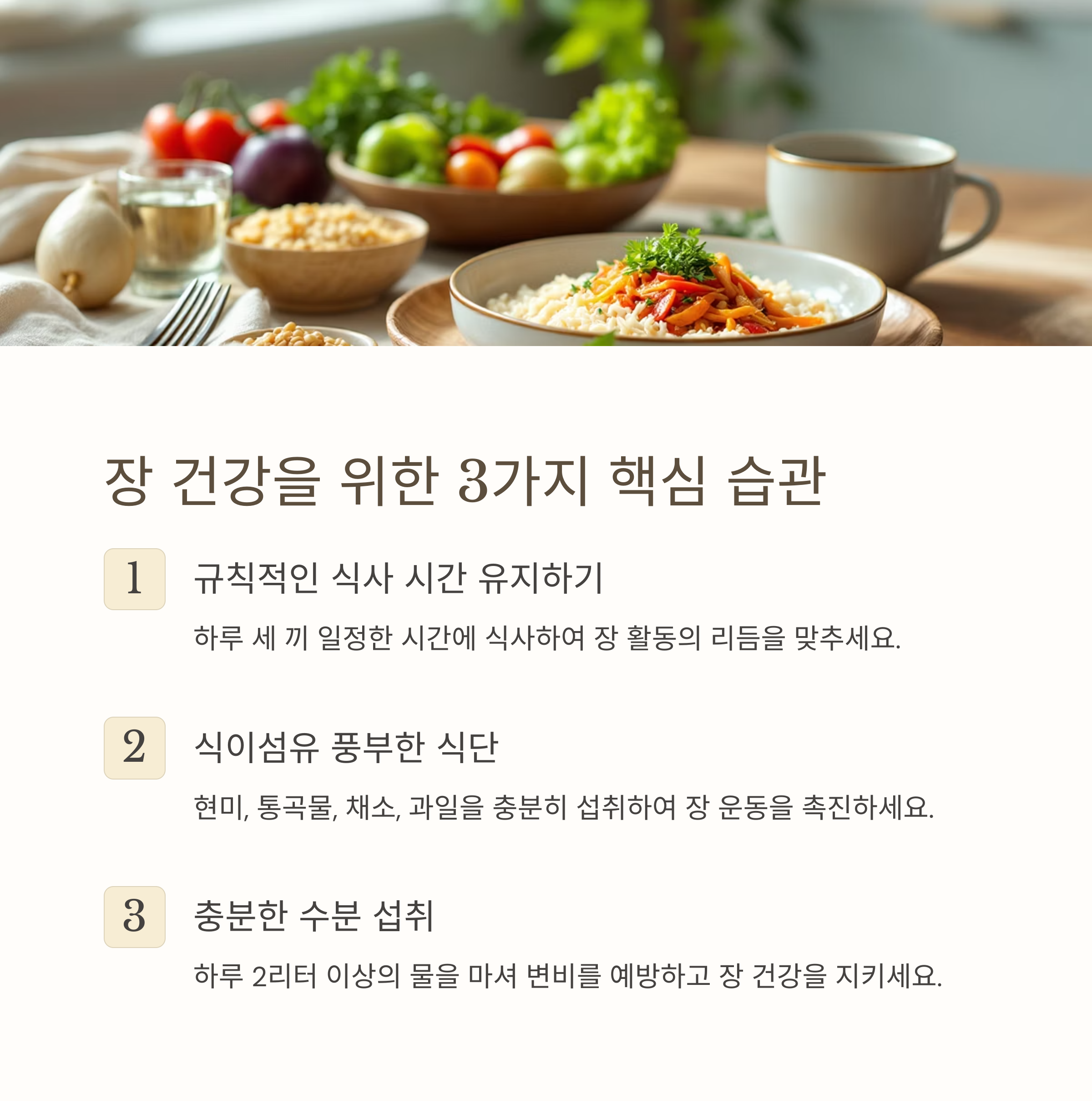 충분한 물, 규칙적인 운동, 따뜻한 배 마사지