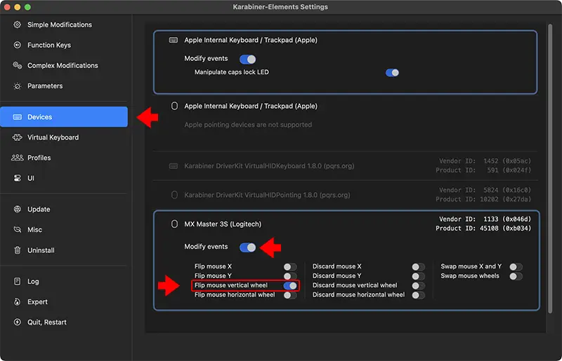 좌측메뉴의 Devices 항목을 클릭한 후 우측에 표기되는 현재 맥에 연결된 기기 중 해당 기기를 클릭해 Flip mouse vertical wheel 옵션을 켜준다
