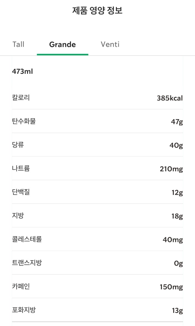 HOT 슈크림 라떼 칼로리 입니다. / 출처 - 스타벅스 APP