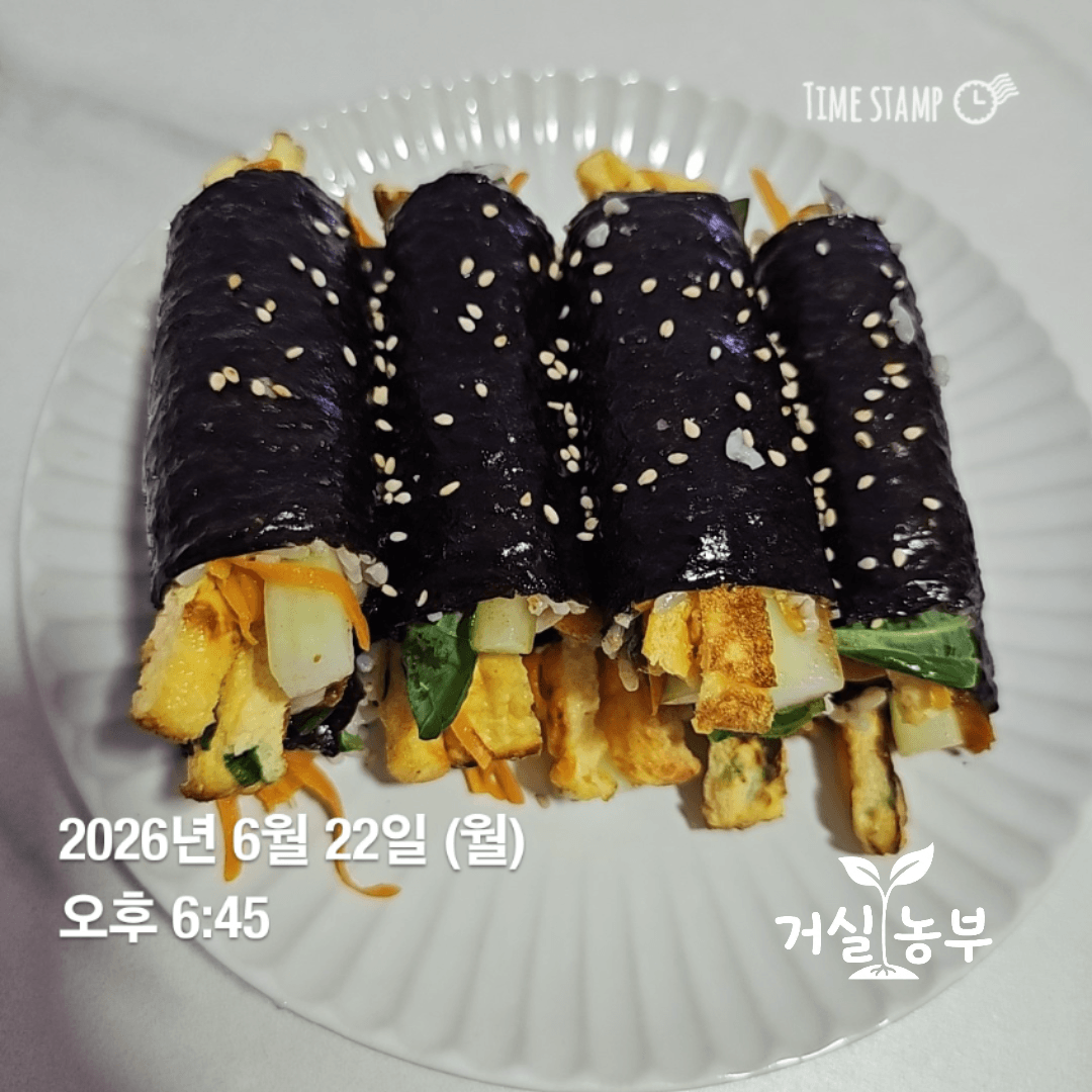 직접 수경재배한 깻잎을 넣어 만든 꼬마 깻잎 김밥