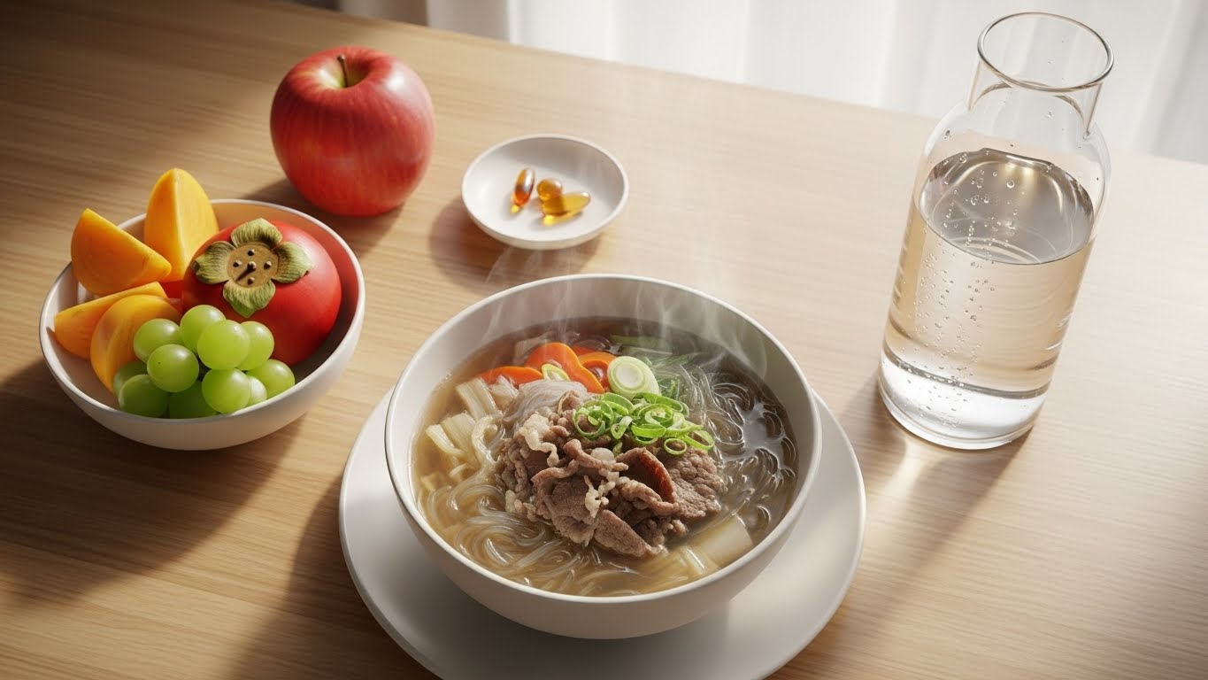 따뜻한-국,-물병,-과일,-그리고-간단한-영양제가-놓인-한국식-아침-식탁입니다.