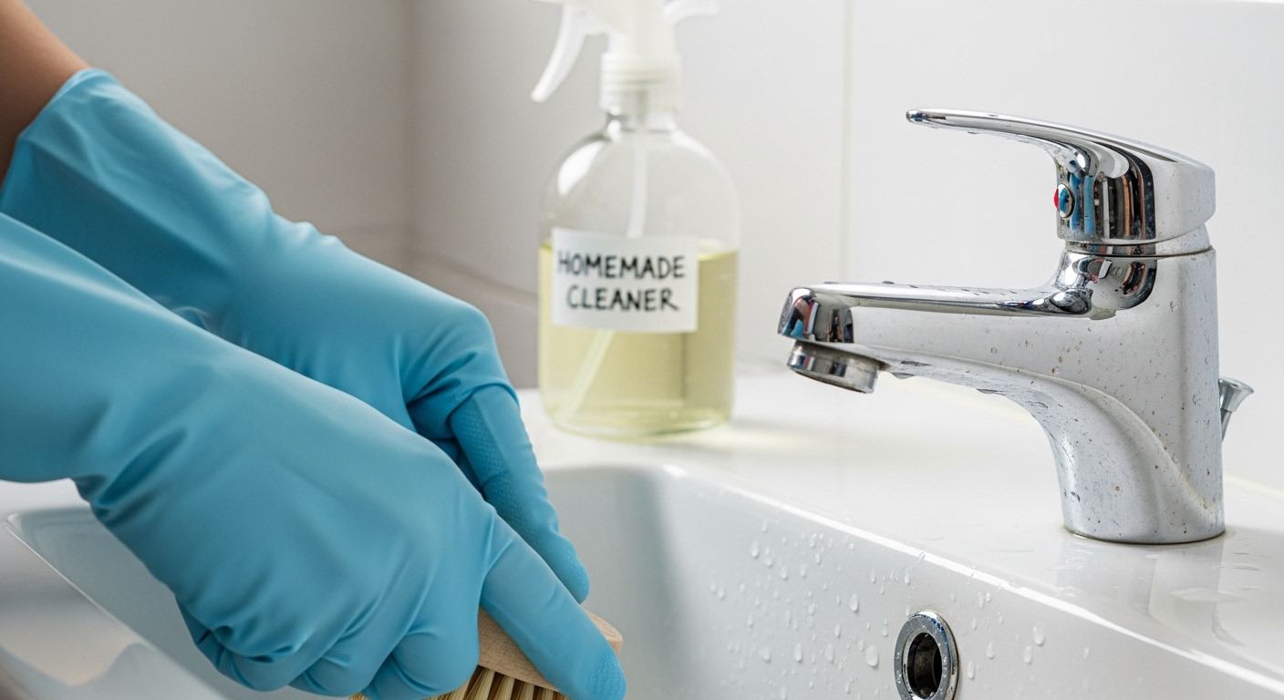 파란색 고무장갑을 낀 손이 솔로 깨끗한 욕실 세면대를 문지르는 모습.