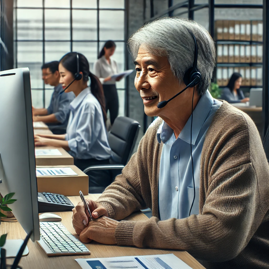 고령 근로자가 사무실에서 일하는 모습 – 2024 고령자 고용지원금 혜택