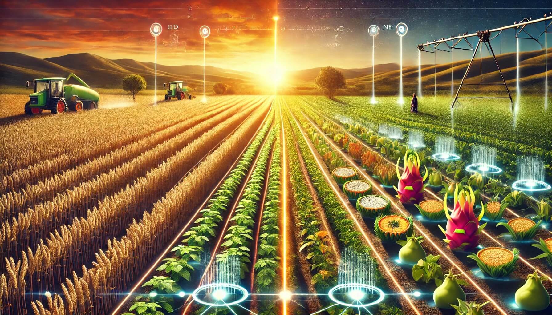 전통 농작물(밀, 옥수수)과 신흥 작물(퀴노아, 드래곤 프루트)이 나뉘어 있는 들판