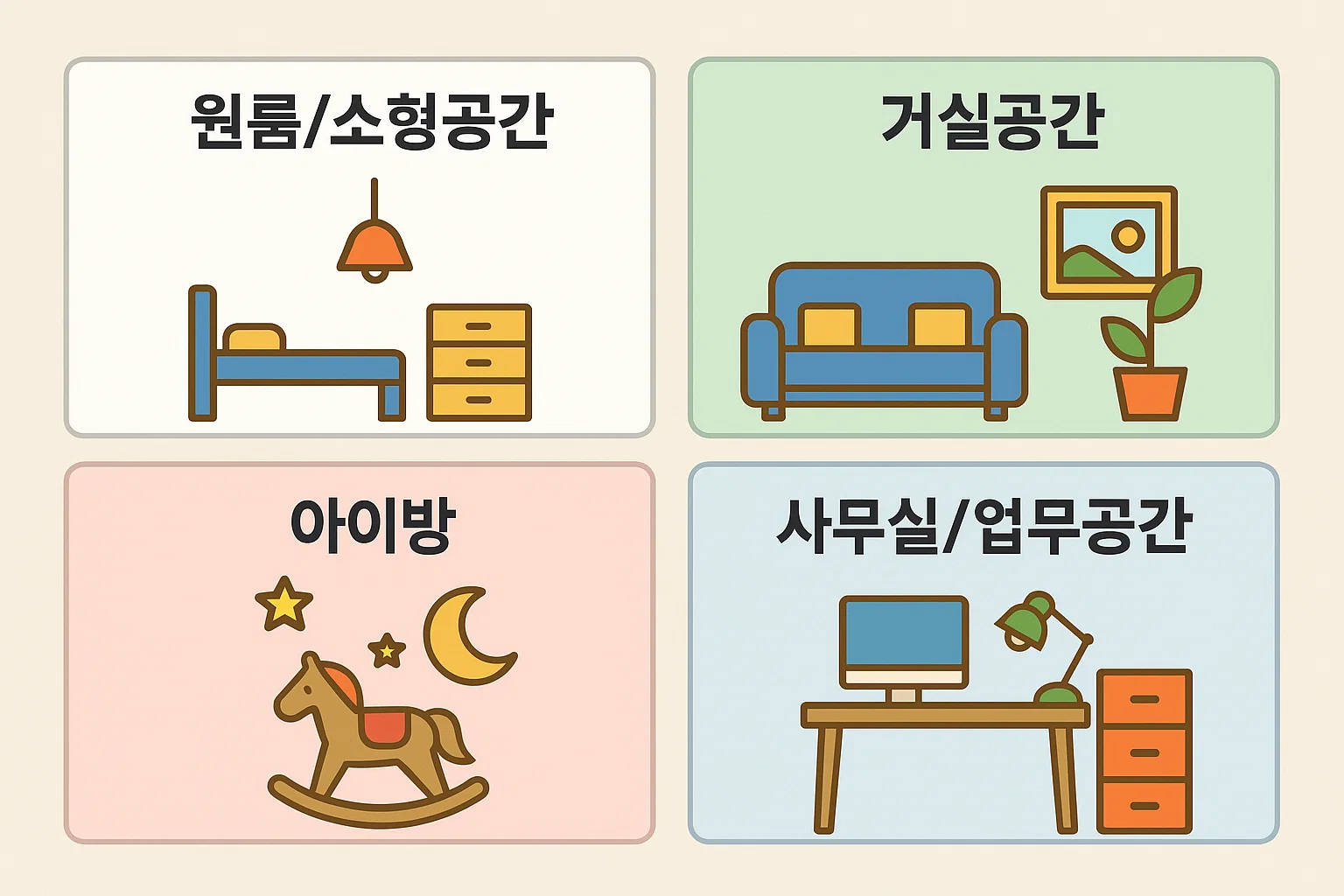 원룸, 거실, 아이방, 사무실 등 공간 크기별로 적합한 가정용 가습기 유형을 정리한 인포그래픽. 효율적 습도 관리와 전력 소비를 함께 고려한 가이드입니다.
