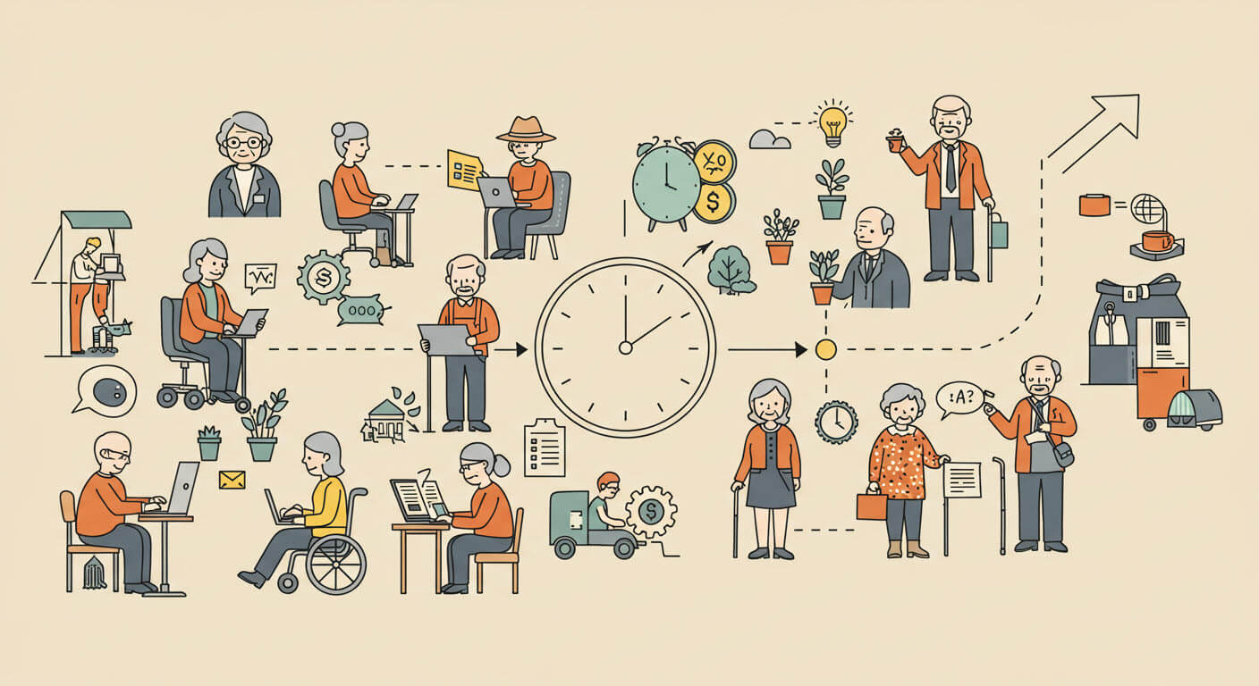 남자,여자들이 있고 중간에 시계가 있고 일하고 있는 삽화