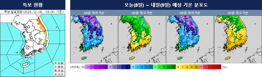특보 현황, 오늘~내일 예상 기온 분포도