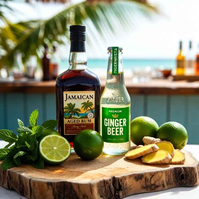 자메이칸 뮬 재료 - 자메이카 다크 럼, 진저비어, 신선한 라임과 생강