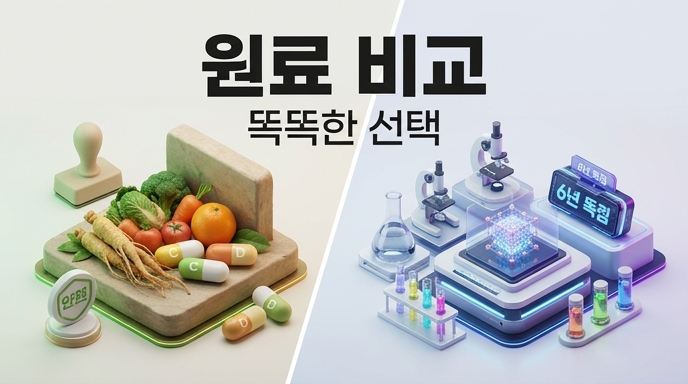 천연 식재료(인삼, 채소)와 과학적 연구 시설을 대비시켜 원료 비교와 똑똑한 선택을 강조하는 인포그래픽