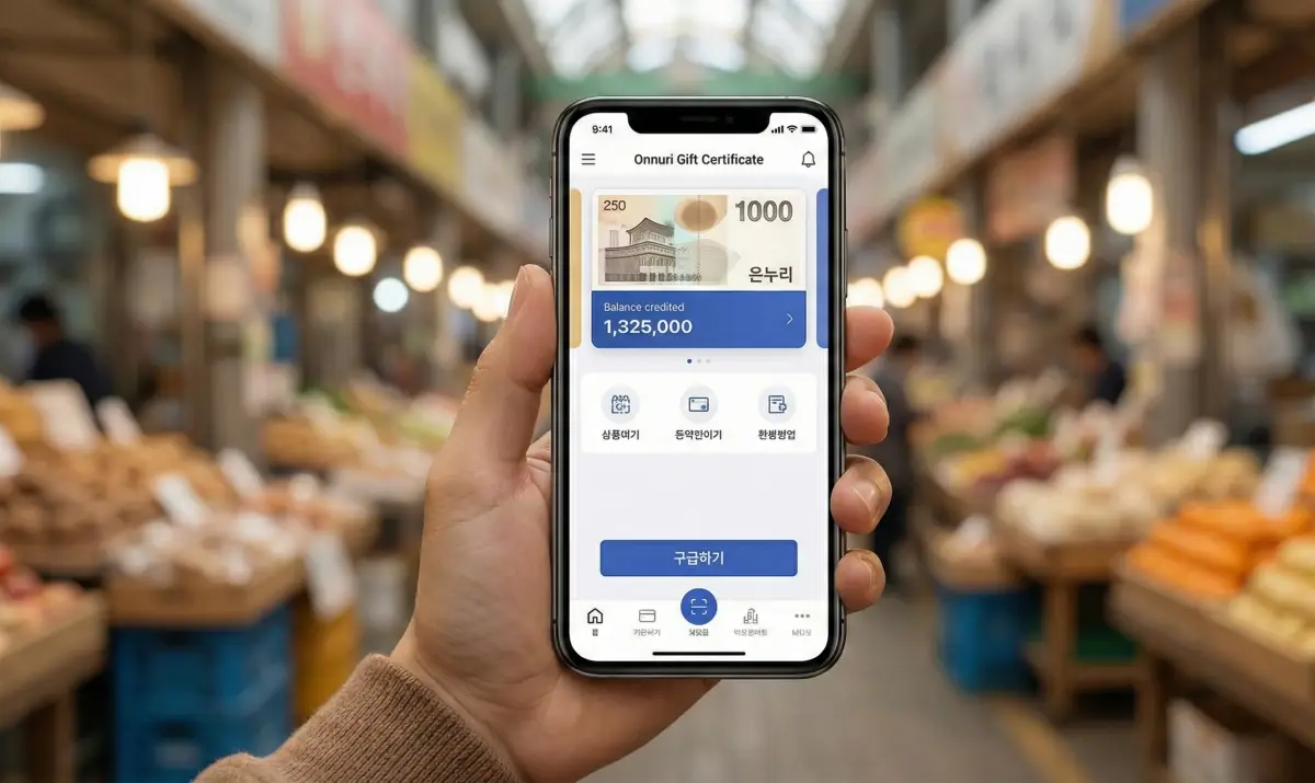 상생페이백으로 지급된 디지털 온누리상품권 앱 실행 화면과 사용처 배경