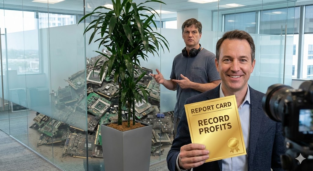 'AI 이익 성적표' 뒤에 숨겨진, 낡고 녹슨 '폐기 직전의 GPU 더미'를 가리키는 마이클 버리의 모습