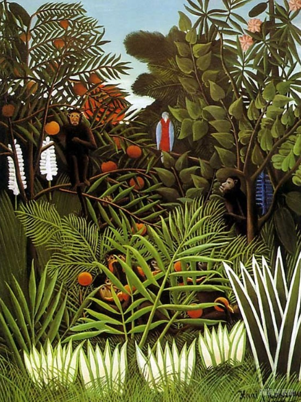 원숭이와 앵무새가 있는 이국적인 풍경