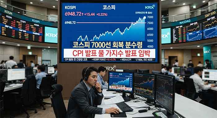 증권사 모니터와 '코스피 7000선' 전광판이 보이는 모습.