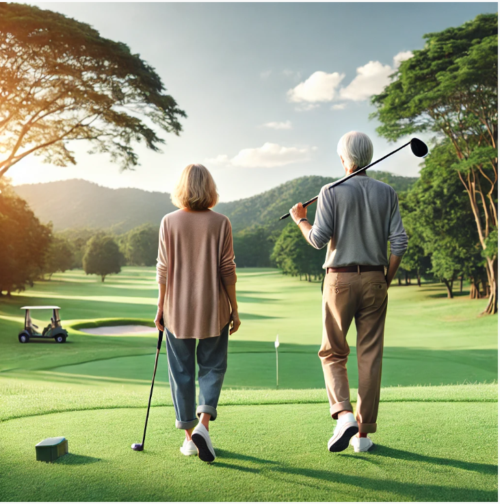 필드를 걷고 있는 중년 부부