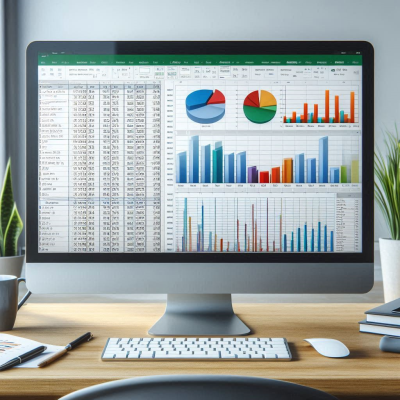 색상과 그래프가 풍부한 분석 데이터 화면을 보여주는 두 개의 모니터.