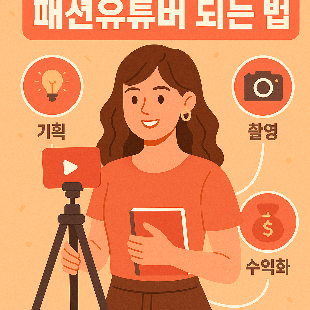 패션유튜버 되는 법 포스터. 삼각대에 스마트폰을 고정한 여성이 노트를 들고 있으며, 주변에는 '기획', '촬영', '수익화'를 상징하는 전구, 카메라, 돈 아이콘이 배치되어 있음