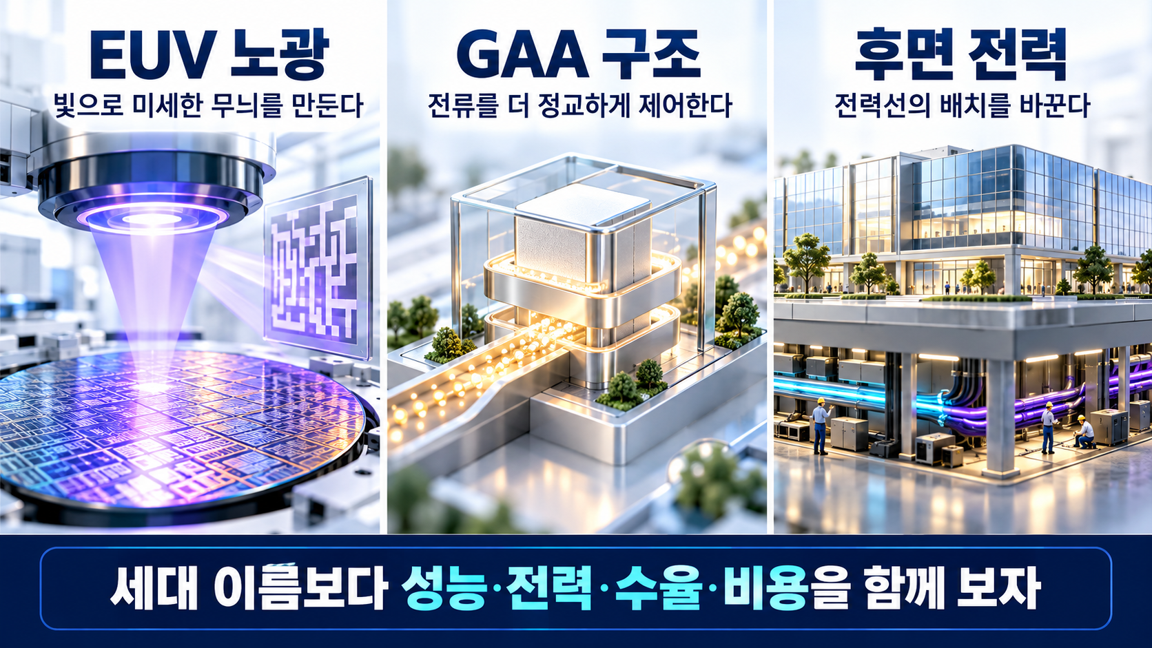 EUV 노광, GAA 구조, 후면 전력의 역할을 비유로 표현한 이미지.