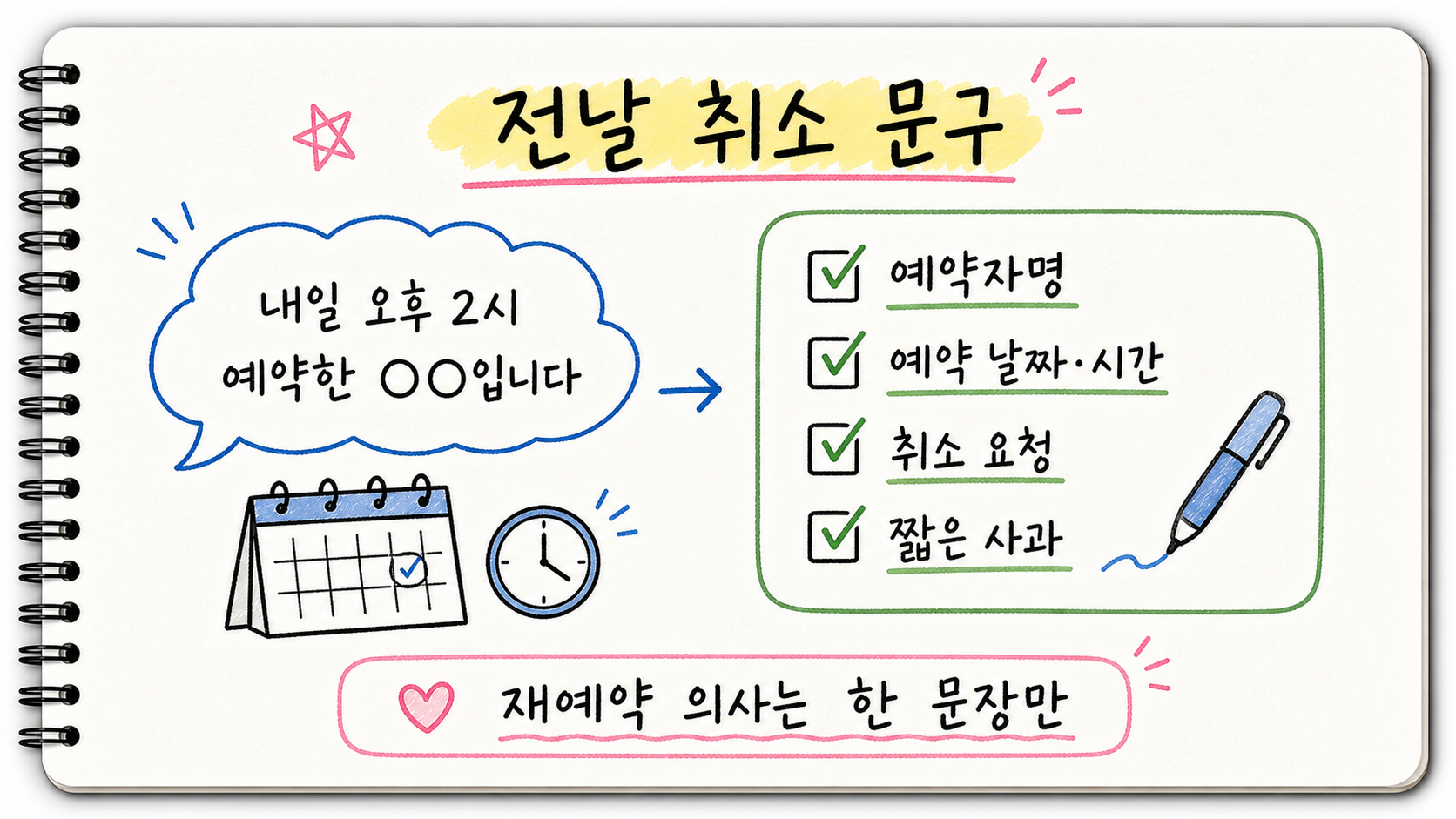 미용실 네일 예약 전날 취소 문구에서 예약자명, 예약 날짜와 시간, 취소 요청, 짧은 사과를 확인하는 이미지