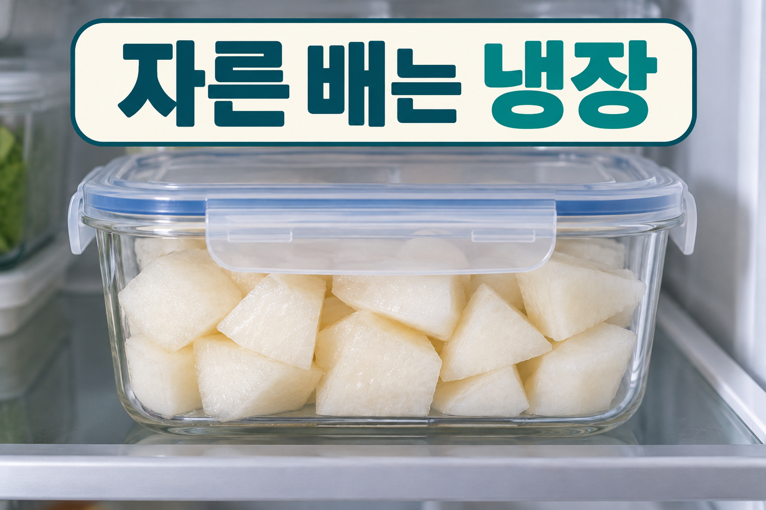 냉장고 선반에 놓인 뚜껑을 닫은 자른 배 용기