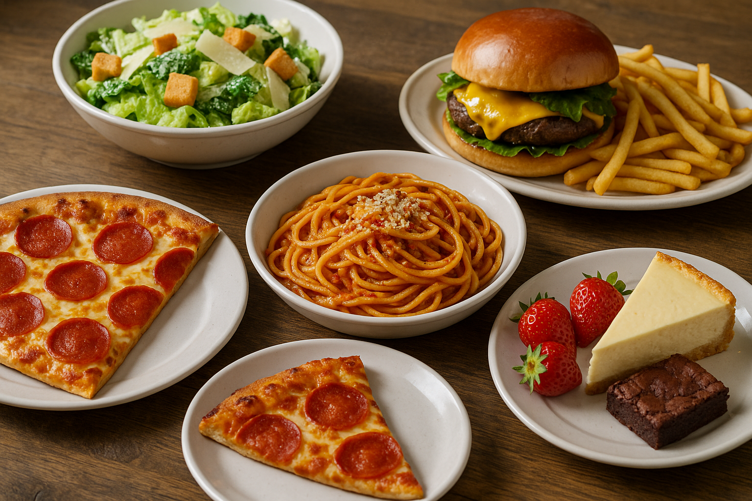 피자, 스파게티, 샐러드, 햄버거, 감자튀김 같은 다양한 음식 사진