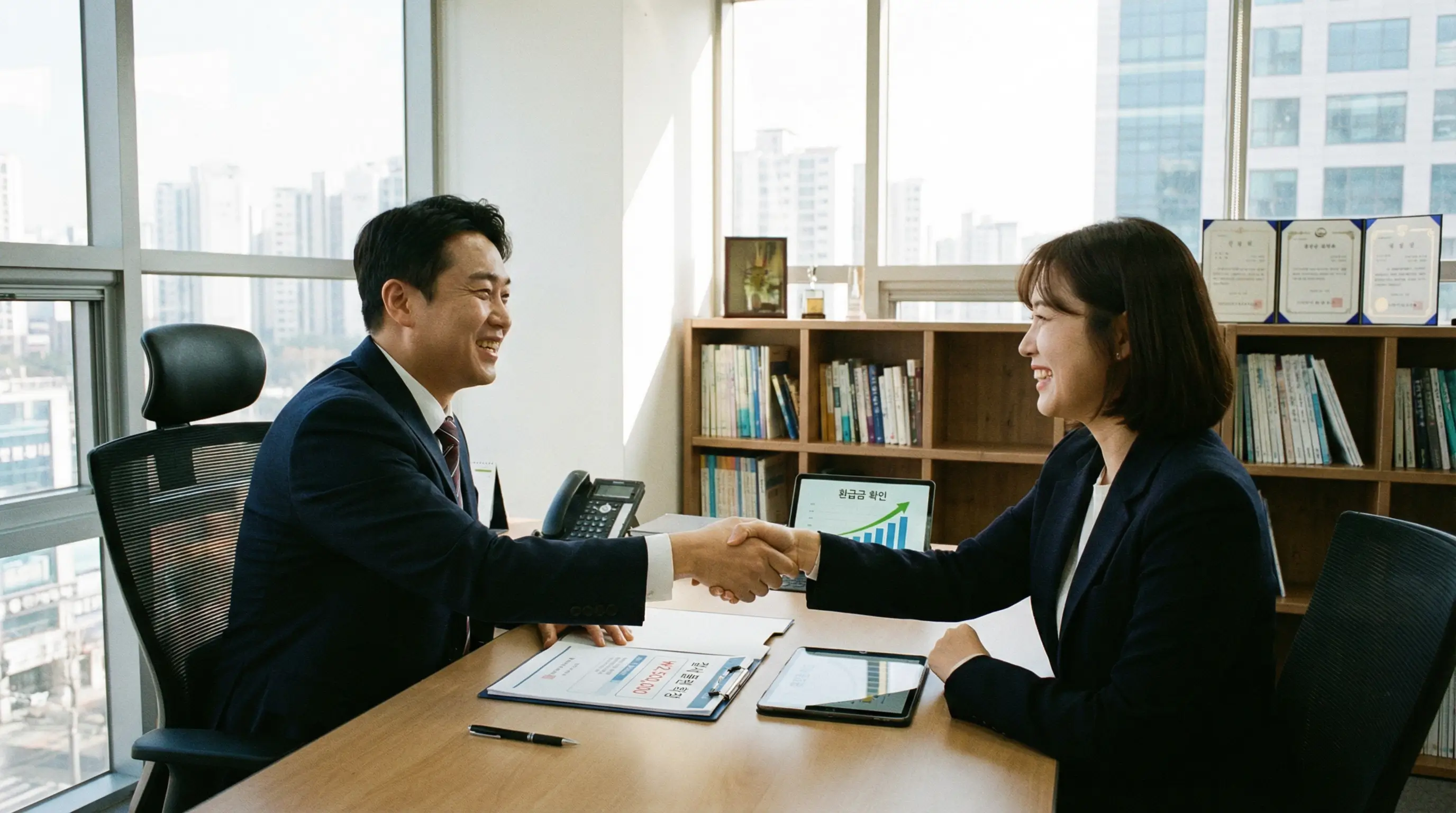 세무 전문가와 상담하여 절세 플랜을 확정하고 환급금을 확인하며 악수하는 모습