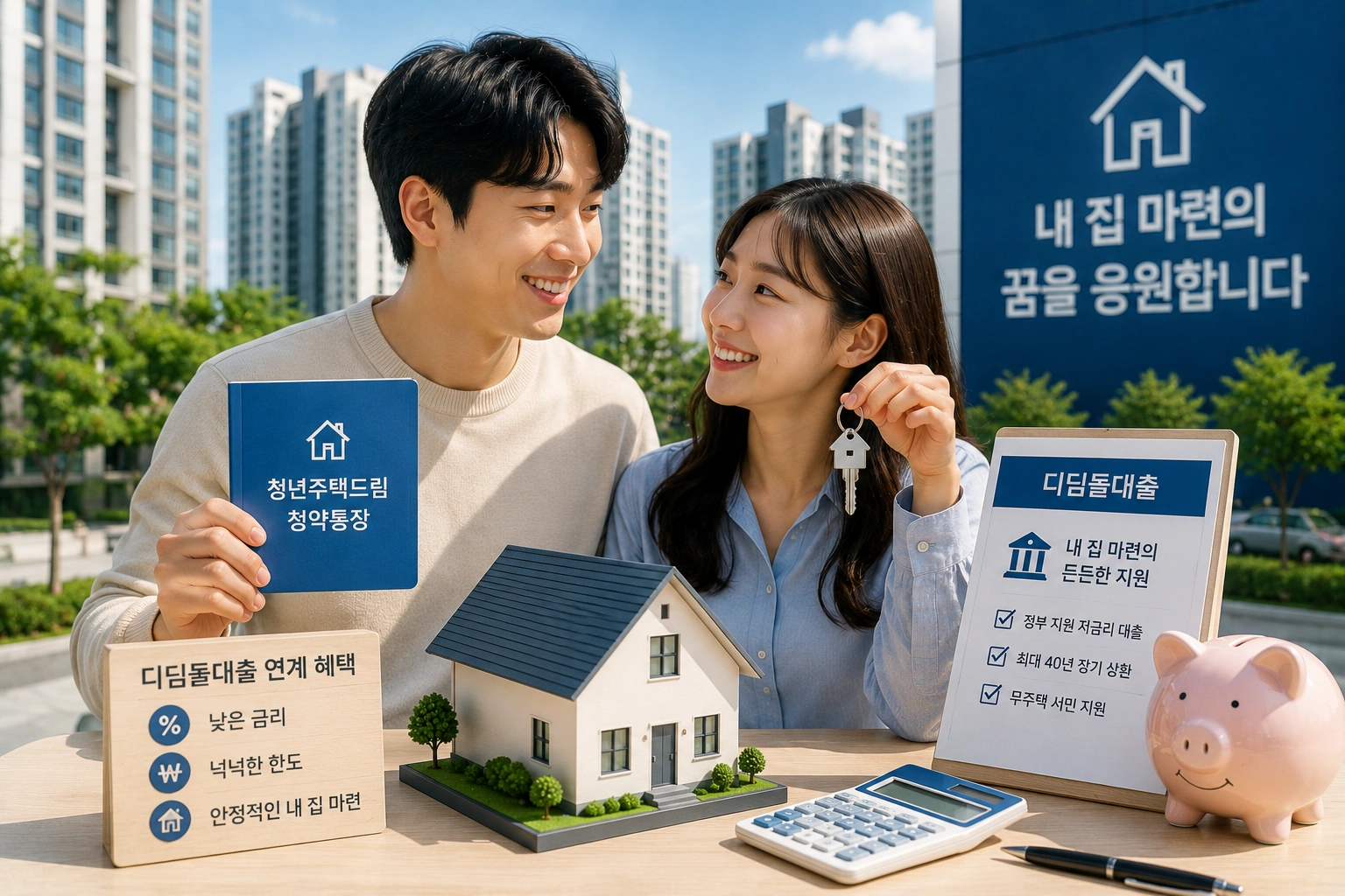 청년주택드림청약통장을 활용해 디딤돌대출과 내 집 마련 혜택을 준비하는 한국인 청년 부부의 모습