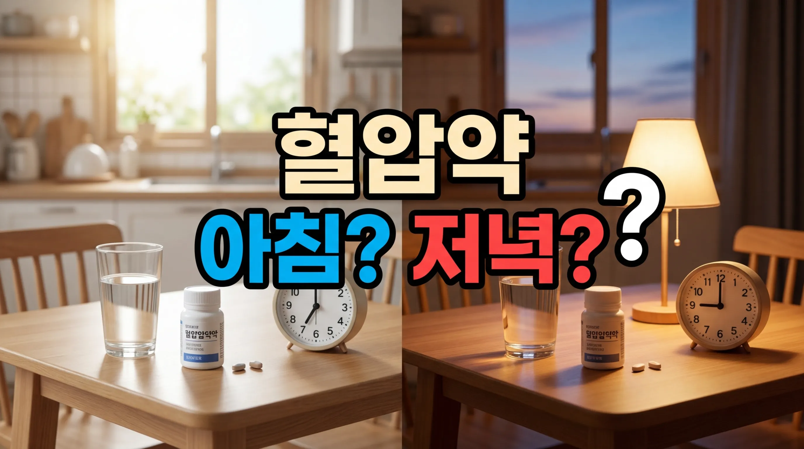 혈압약과 시계가 놓인 아침 저녁 비교 장면