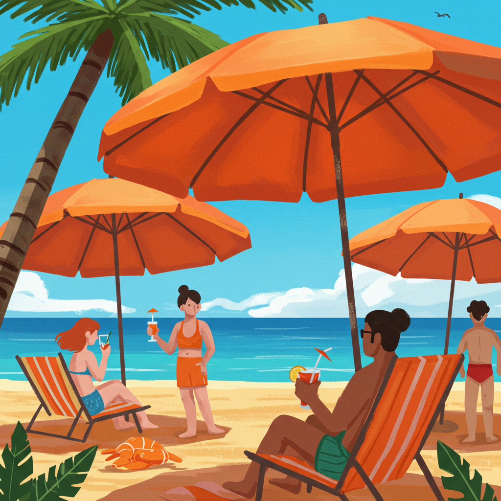 쨍한 여름날, 활기찬 해변에서 오렌지색 파라솔 아래 시원한 음료를 마시며 더위를 식히는 사람들의 일러스트.