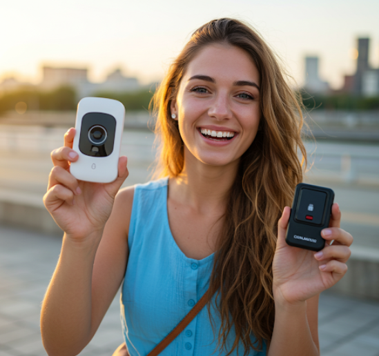 여성이 경보기, 위치추적기, 도어알람 여행을 위해 비교하는 모습