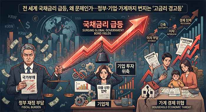 국채금리 급등으로 정부·기업·가계가 겪는 재정적 위기를 표현한 일러스트.
