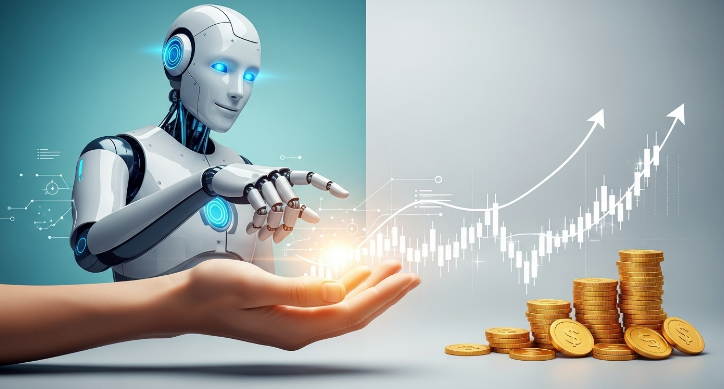 친근한 로보 어드바이저가 사용자에게 맞춤형 투자 포트폴리오를 안내하는 장면.