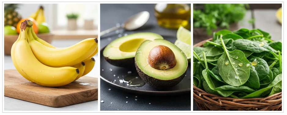 혈압 조절에 좋은 칼륨이 풍부한 바나나, 아보카도, 싱싱한 시금치가 나란히 놓여 있는 가로형 3분할 사진