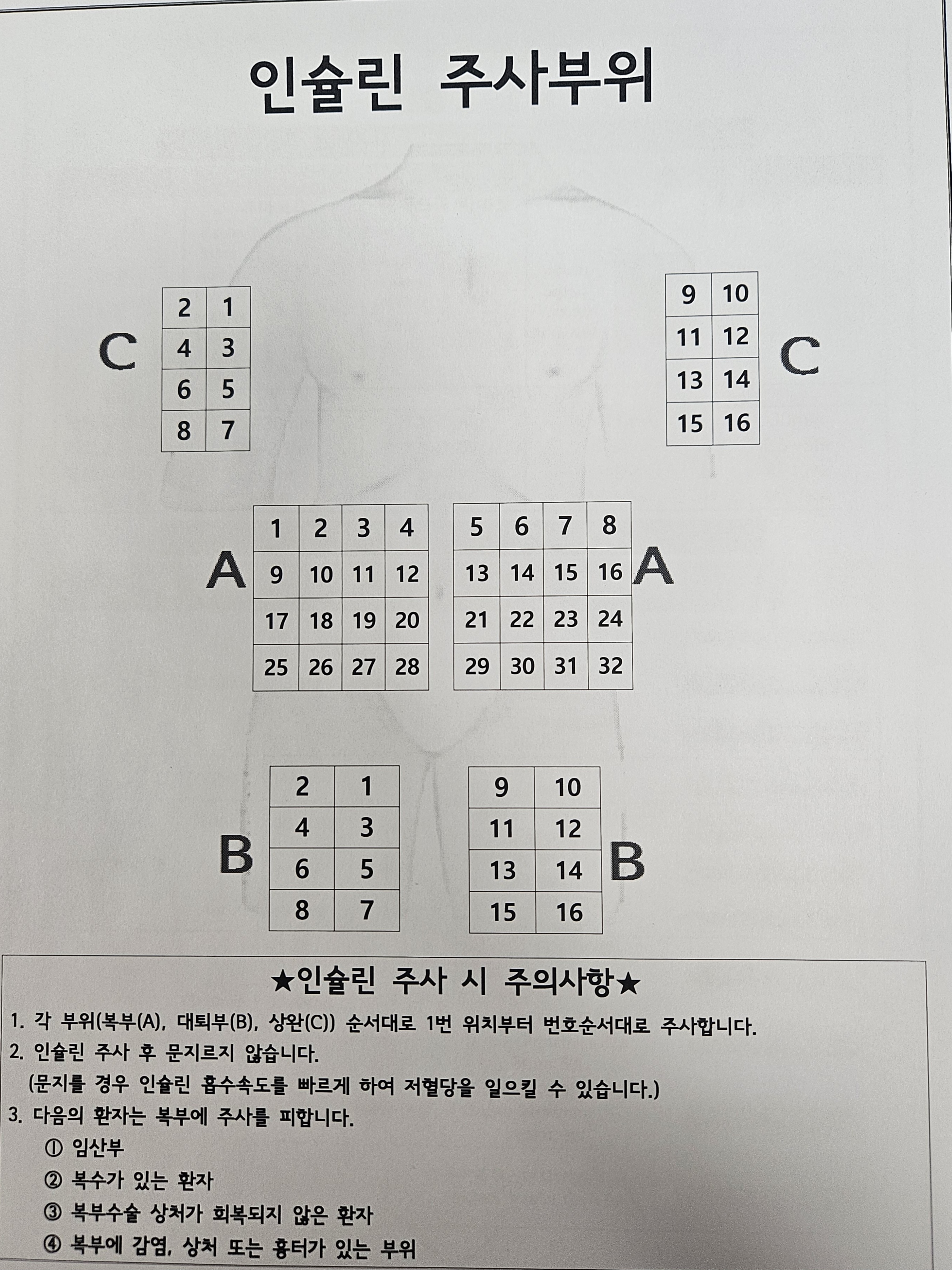 인슐린 주사 부위 도표