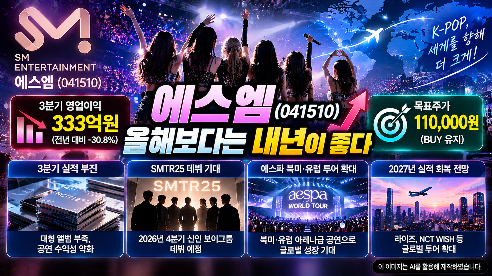 에스엠(SM엔터테인먼트, 041510) 기업분석, 2026년 3분기 영업이익 333억원 전망과 SMTR25 신인 보이그룹 데뷔 기대, 에스파 북미&middot;유럽 월드투어 확대, 라이즈&middot;NCT WISH의 2027년 글로벌 성장 가능성 및 목표주가 110,000원 분석