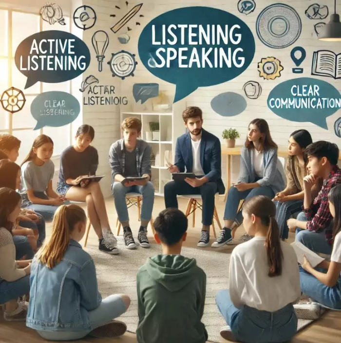 중학생들이 원형으로 앉아 듣기와 말하기 수업에 참여하는 모습. 교사는 태블릿이나 메모를 들고 학생들의 토론을 지도하고 있으며, 학생들은 적극적으로 대화에 참여하고 있다. 말풍선에는 '적극적 경청', '명확한 소통'이라는 단어가 표시되어 있다.