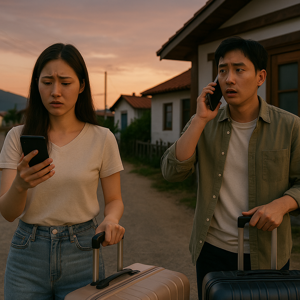 예약한 숙소에 문이 잠겨 있어 통화를 시도하는 여행객