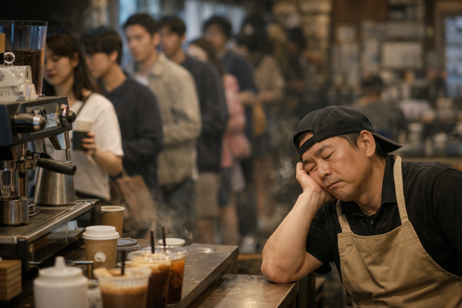 커피 체인점 점주의 고민하는 모습