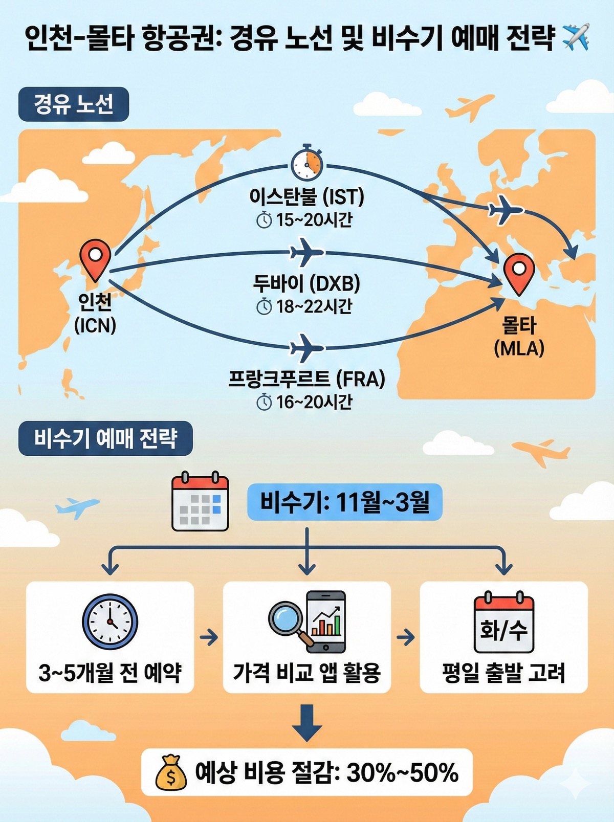 인천-몰타 항공권 경유 노선 및 비수기 예매 전략