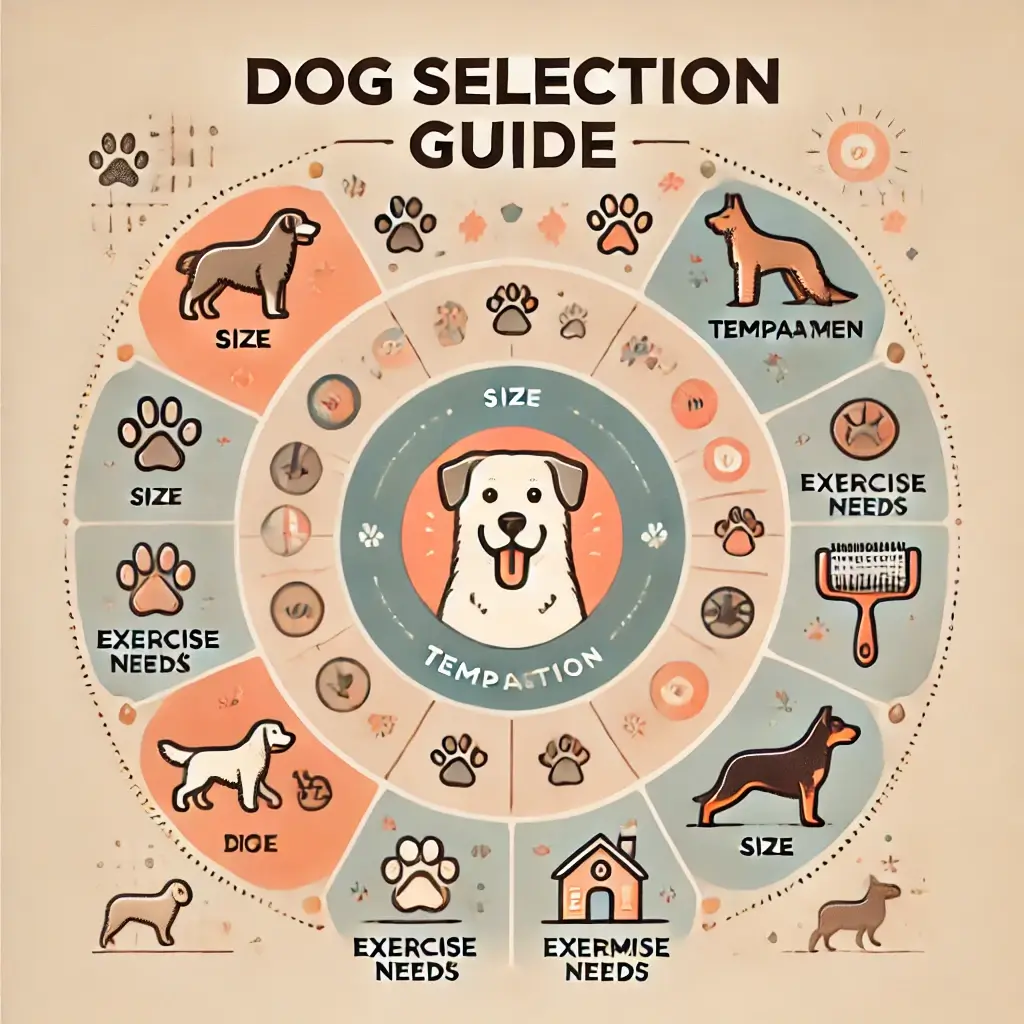 강아지 선택 가이드: 크기, 성격, 운동량, 털 관리 등 초보자를 위한 강아지 선택 기준을 설명하는 인포그래픽