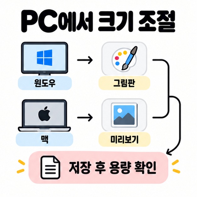 윈도우 그림판과 맥 미리보기에서 크기를 조절한 뒤 저장 후 용량을 확인하는 흐름을 컴퓨터와 앱 그림으로 설명한 이미지