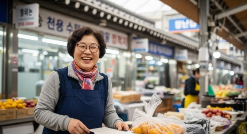 시장에서 웃고 있는 상인